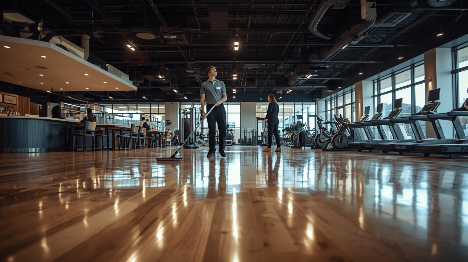 some staff cleaning floor, gym, restaurant